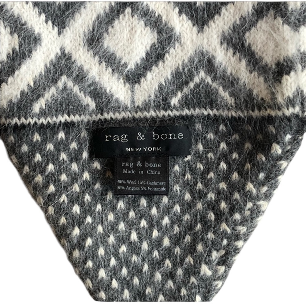 Merino Wool Charcoal Gray Rag & Bone Fair isle Wool Scarf with Pom Poms - Picture 2 of 5